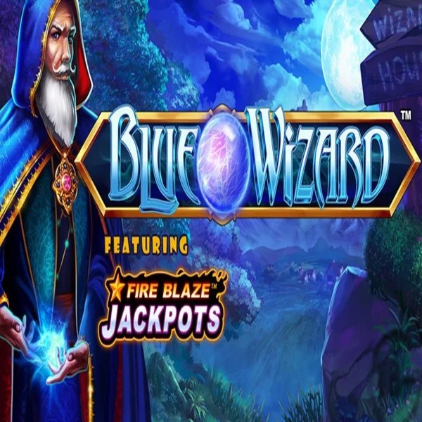 Blue Wizard Fire Blaze Jackpots online game logo by Rarestone Gaming on hollywins.org